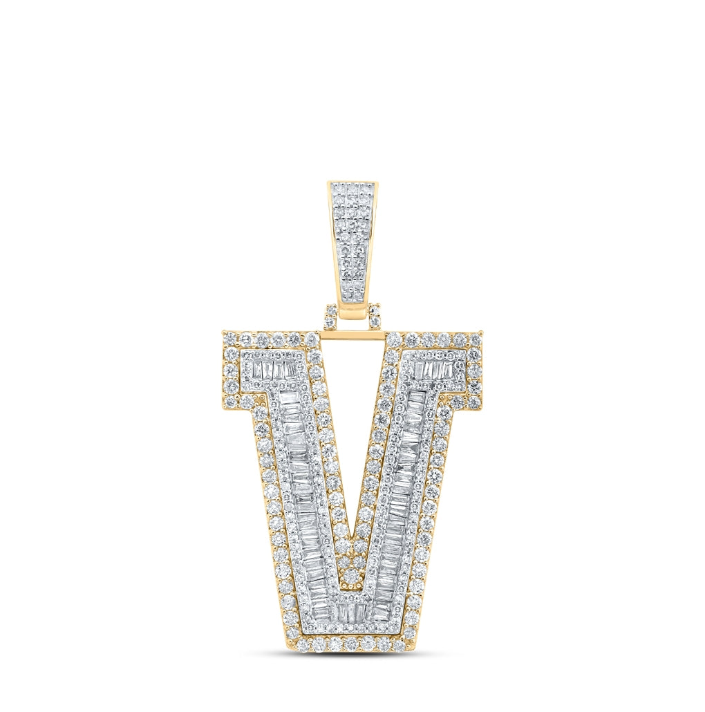 10K Yellow Gold Mens Baguette Diamond Initial Letter Charm Pendant