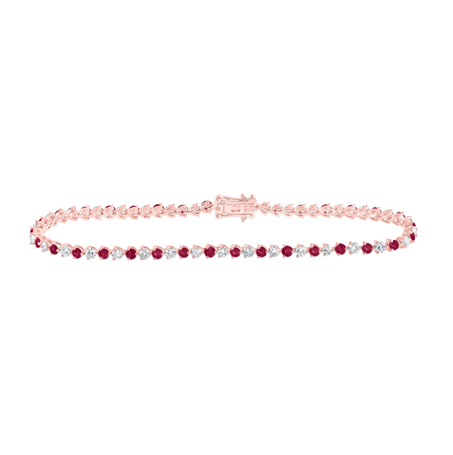14K Rose Gold Womens Round Ruby Diamond Tennis Bracelet 3-3/8 Cttw