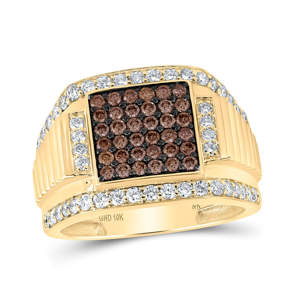 10K Yellow Gold Mens Round Brown Diamond Square Ring 1-5/8 Cttw, Mens Size: 7-13