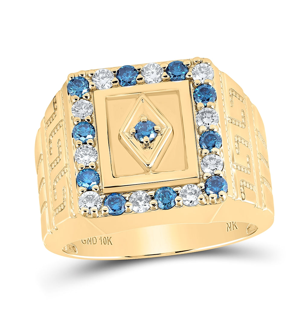 10K White Or Yellow Gold Mens Round Blue Color Treated Diamond Square Ring, Mens Size: 7-13