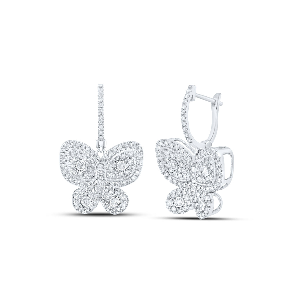 10K White Gold Womens Round Diamond Hoop Butterfly Dangle Earrings 1 Cttw