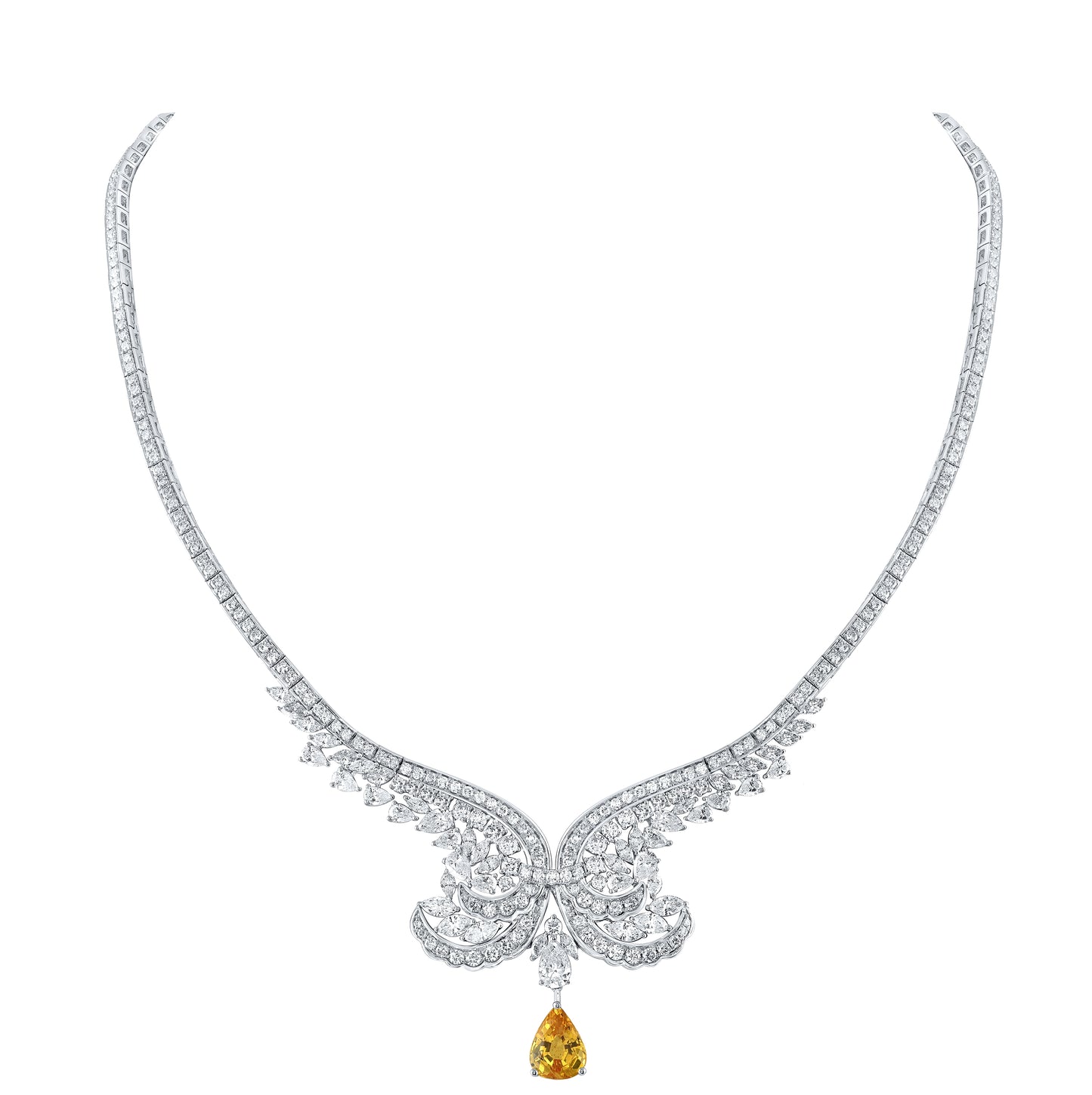 18kt White Gold 13 5/8 Ctw Diamond Ana M 11x8mm-yel Sap Neck (17 Inch)