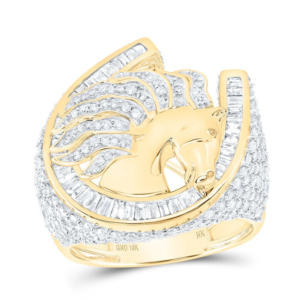 10K Yellow Gold Mens Baguette Diamond Horseshoe Ring 3-1/3 Cttw, Mens Size: 7-13