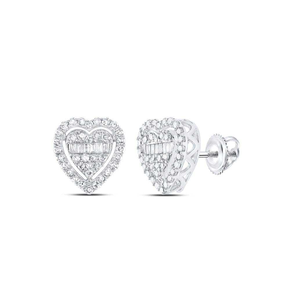 10K White Or Yellow Gold Womens Baguette Diamond Heart Earrings