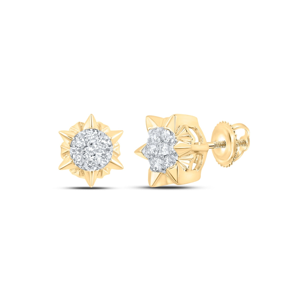 10K Yellow Gold Womens Round Diamond Starburst Cluster Earrings 1/5 Cttw