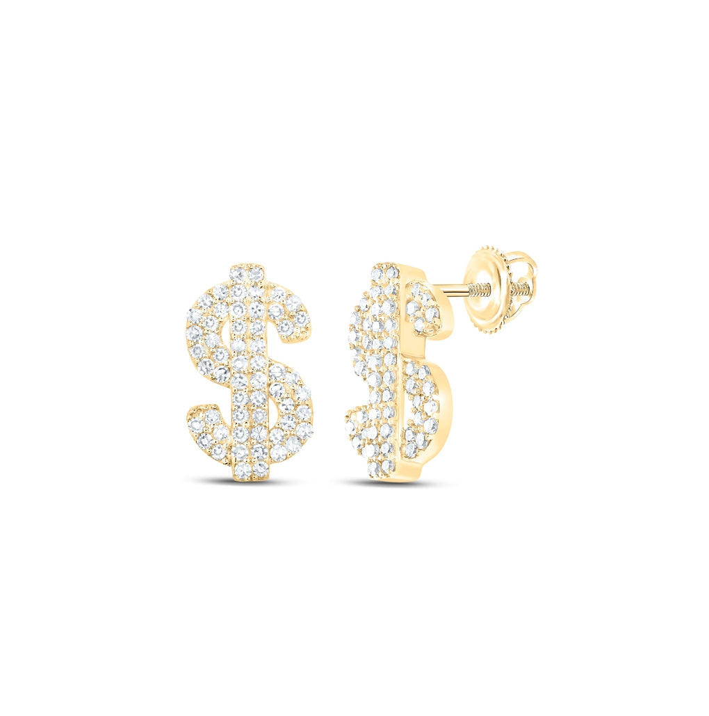 10K Yellow Gold Round Diamond Dollar Sign Stud Earrings 1/3 Cttw