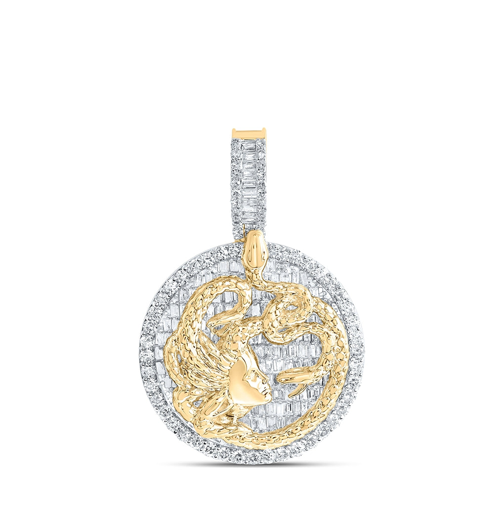 10K Yellow Gold Mens Baguette Diamond Medusa Snake Circle Charm Pendant 2-3/4 Cttw