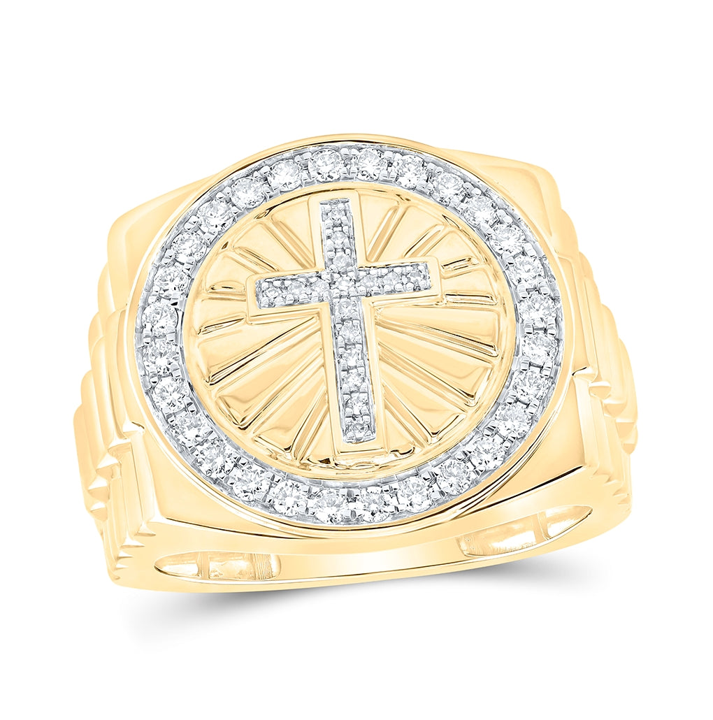 10K Yellow Gold Mens Round Diamond Cross Circle Ring 1/2 Cttw, Mens Size: 7-13