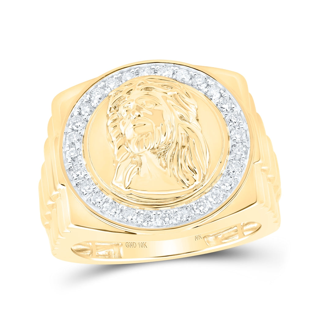 10K Yellow Gold Mens Round Diamond Jesus Face Circle Ring 1/2 Cttw, Mens Size: 7-13