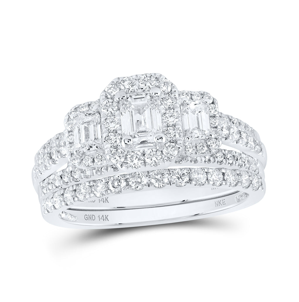 14K White Gold Emerald Diamond 3-Stone Halo Bridal Wedding Ring Band Set 1-1/2 Cttw, Womens Size: 5-10