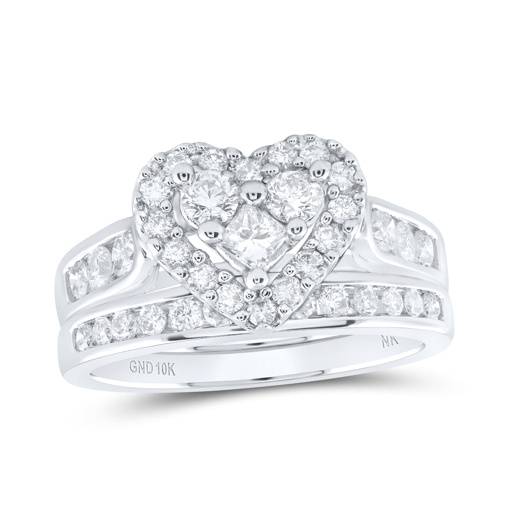 10K White Or Yellow Gold Princess Diamond Heart Bridal Wedding Ring Band Set , Womens Size: 5-10
