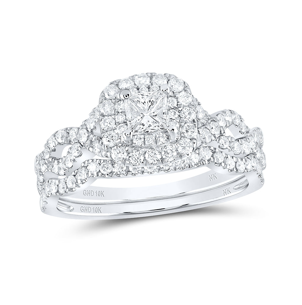 10K White Or Yellow Gold Princess Diamond Halo Bridal Wedding Ring Band Set , Womens Size: 5-10