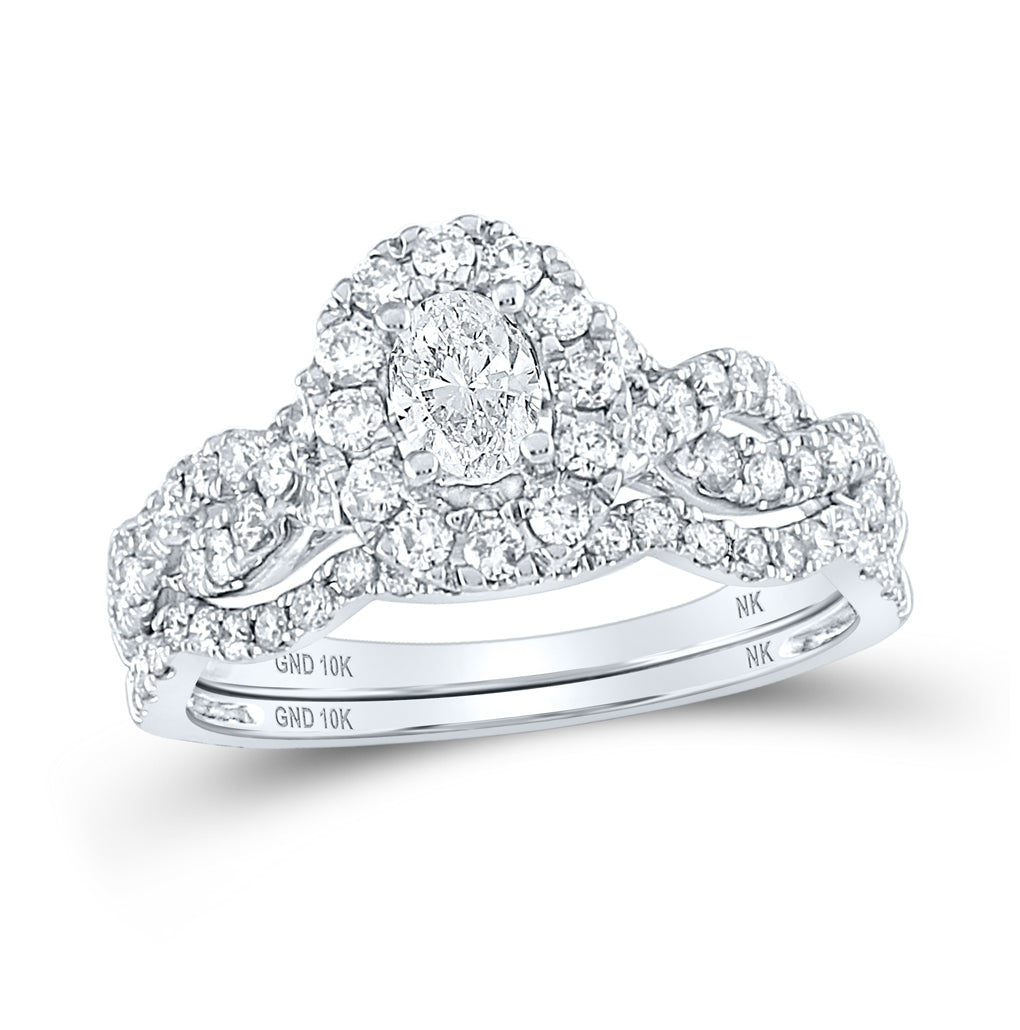 10K White Gold Oval Diamond Halo Bridal Wedding Ring Band Set 1 Cttw, Womens Size: 5-10