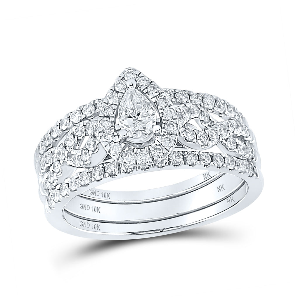 10K White Or Yellow Gold Pear Diamond 3-Piece Bridal Wedding Ring Band Set , Womens Size: 5-10