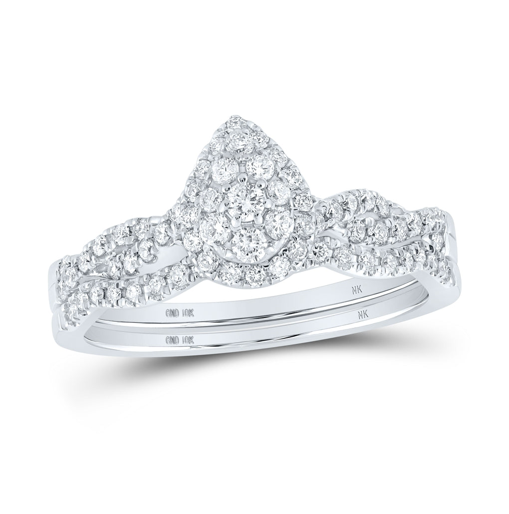10K White Gold Round Diamond Teardrop Bridal Wedding Ring Band Set 1/2ctw, Women's Size: 5-10