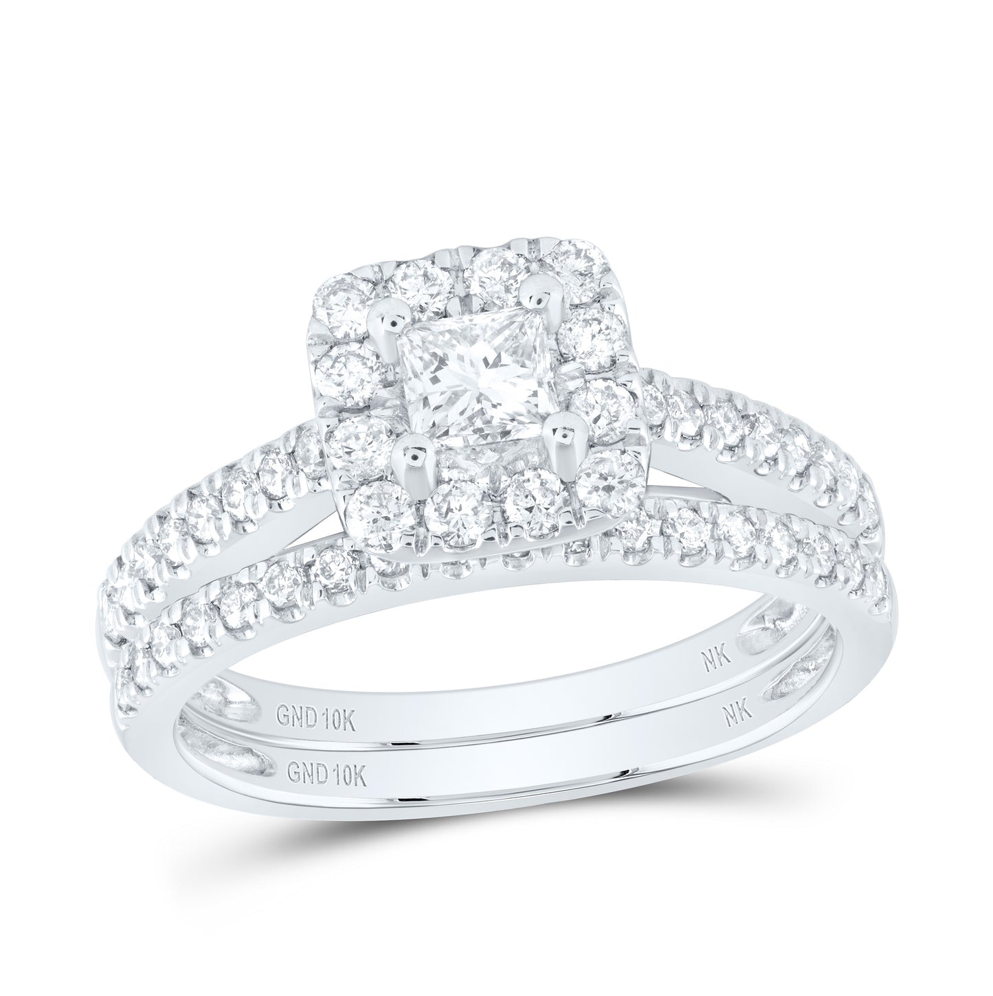 10K White Gold Princess Diamond Halo Bridal Wedding Ring Band Set 1ctw, Womens Size: 5-10