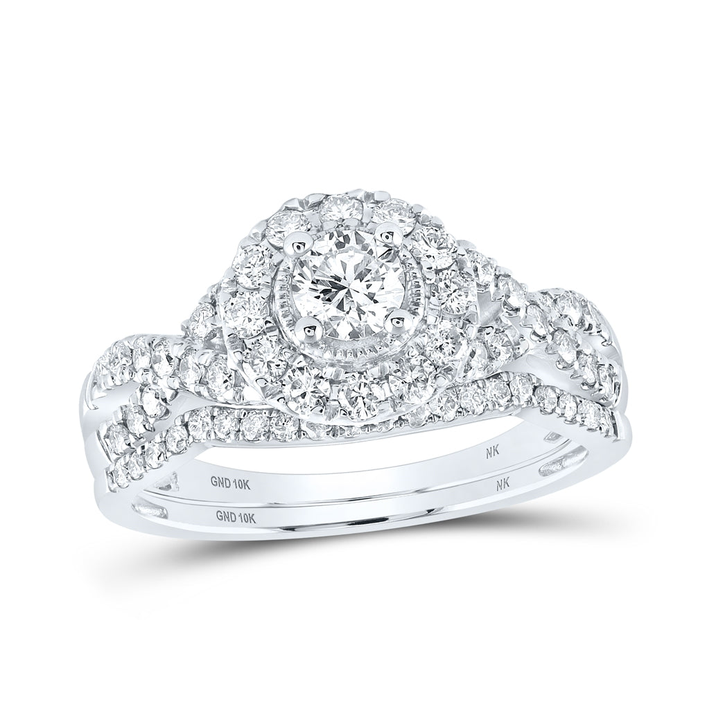 10K White Gold Round Diamond Halo Bridal Wedding Ring Band Set 1ctw, Women's Size: 5-10