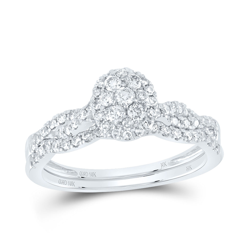 10K White Gold Round Diamond Cluster Twist Bridal Wedding Ring Band Set 1/2 Cttw, Womens Size: 5-10
