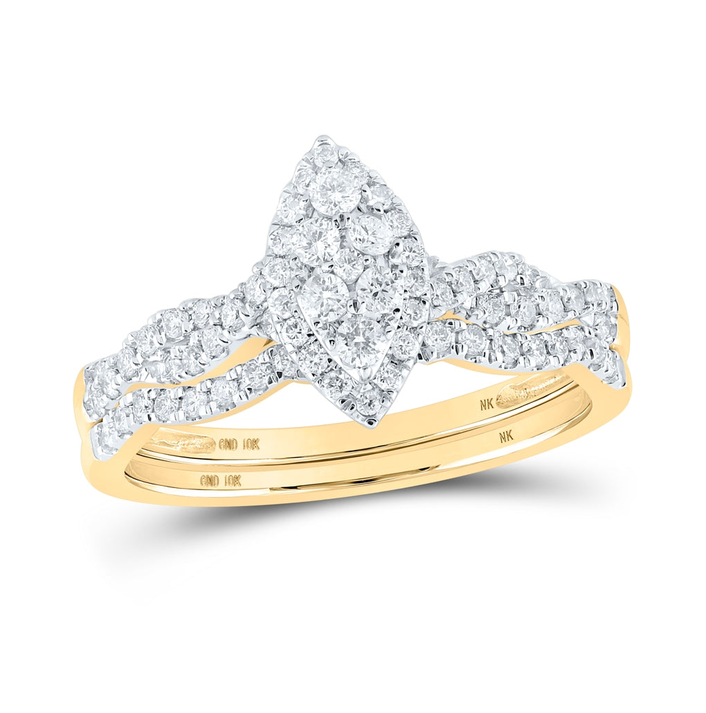 10K Yellow Gold Round Diamond Marquise-shape Cluster Bridal Wedding Ring Band Set 1/2 Cttw, Womens Size: 5-10