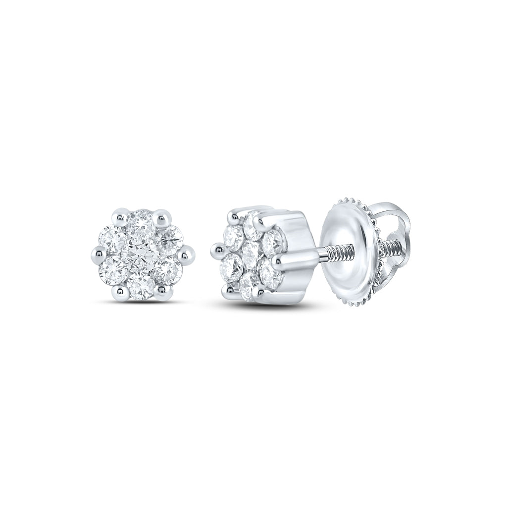 14K White Gold Womens Round Diamond Flower Cluster Earrings 1/6ctw