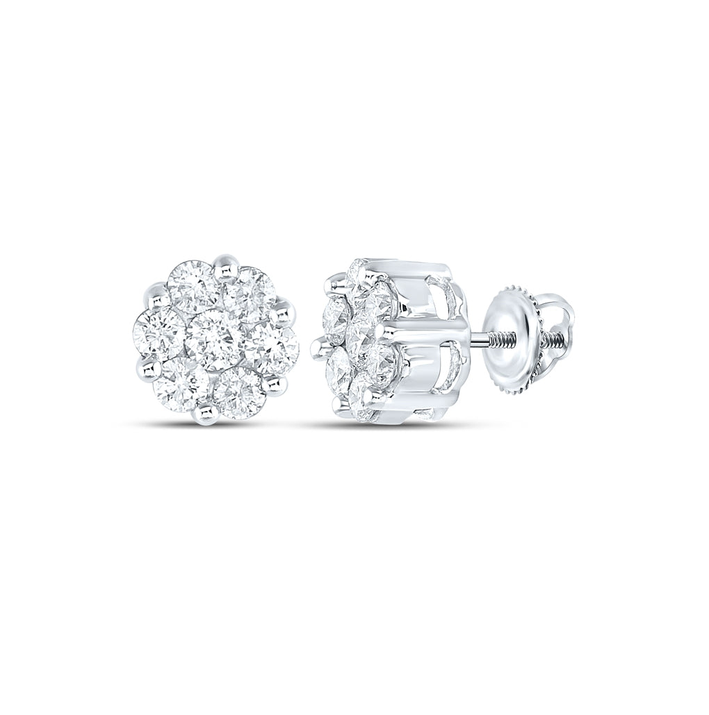 14K White Or Yellow Gold Womens Round Diamond Flower Cluster Earrings