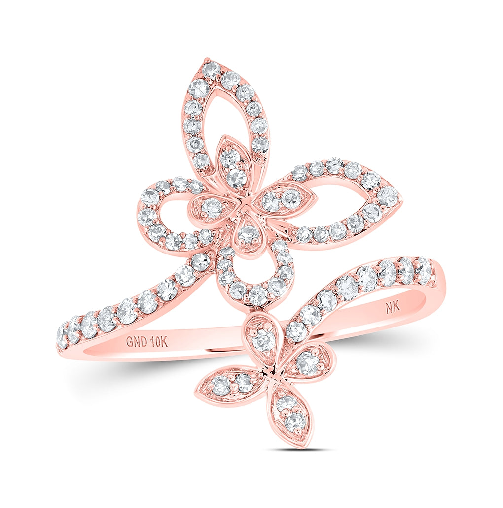 10K Yellow Or White Or Rose Gold Womens Round Diamond Bypass Butterfly Ring , Womens Size: 5-10