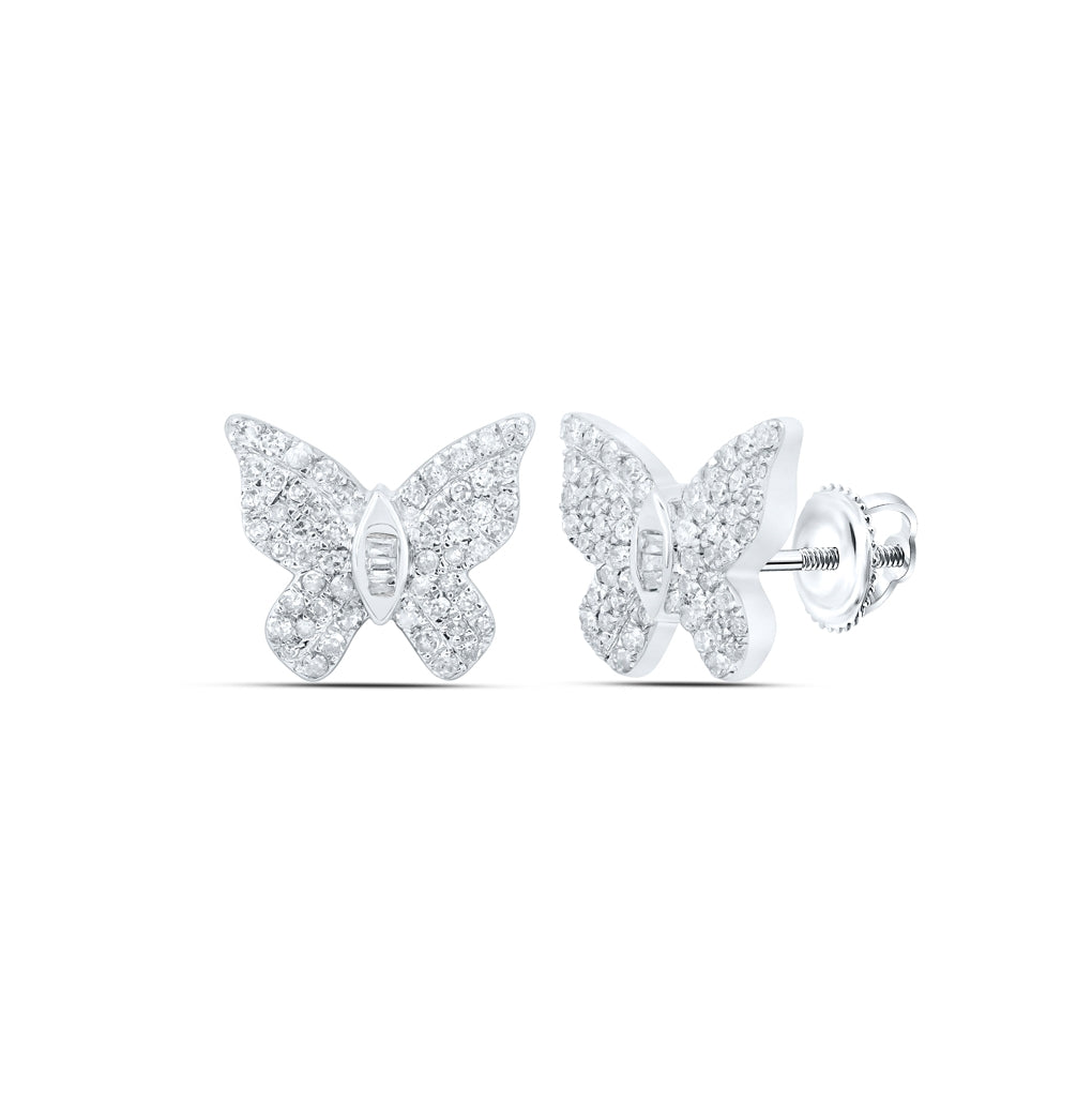 10K White Or Yellow Gold Womens Round Diamond Butterfly Earrings