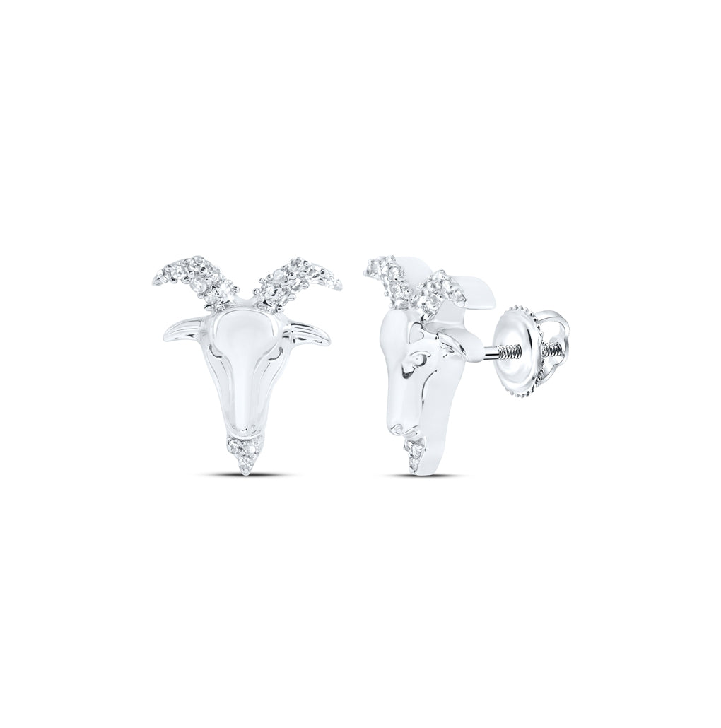 10K White Or Yellow Gold Round Diamond Zodiac Aries Goat Stud Earrings