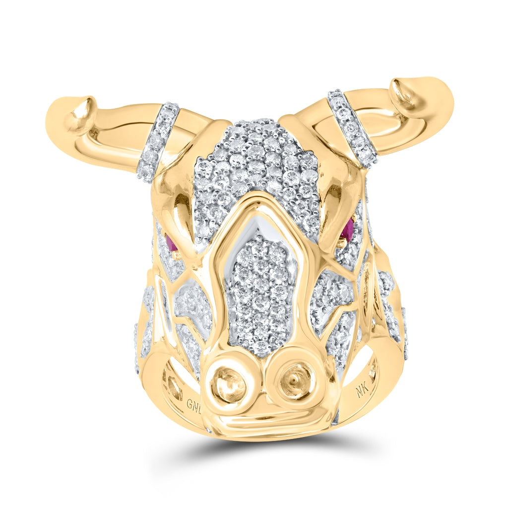 10K Yellow Gold Mens Round Ruby Diamond Bull Animal Ring 3-1/2 Cttw, Mens Size: 7-13