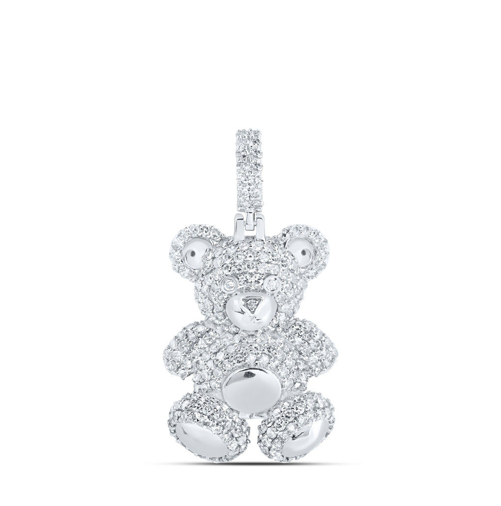 10K White Gold Mens Round Diamond Teddy Bear Charm Pendant 1-1/3 Cttw