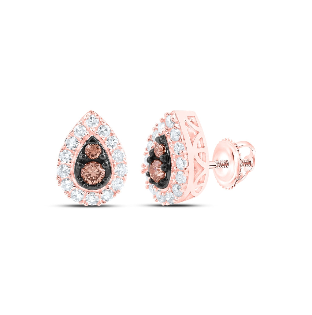 10K Rose Gold Womens Round Brown Diamond Teardrop Earrings 1/3 Cttw