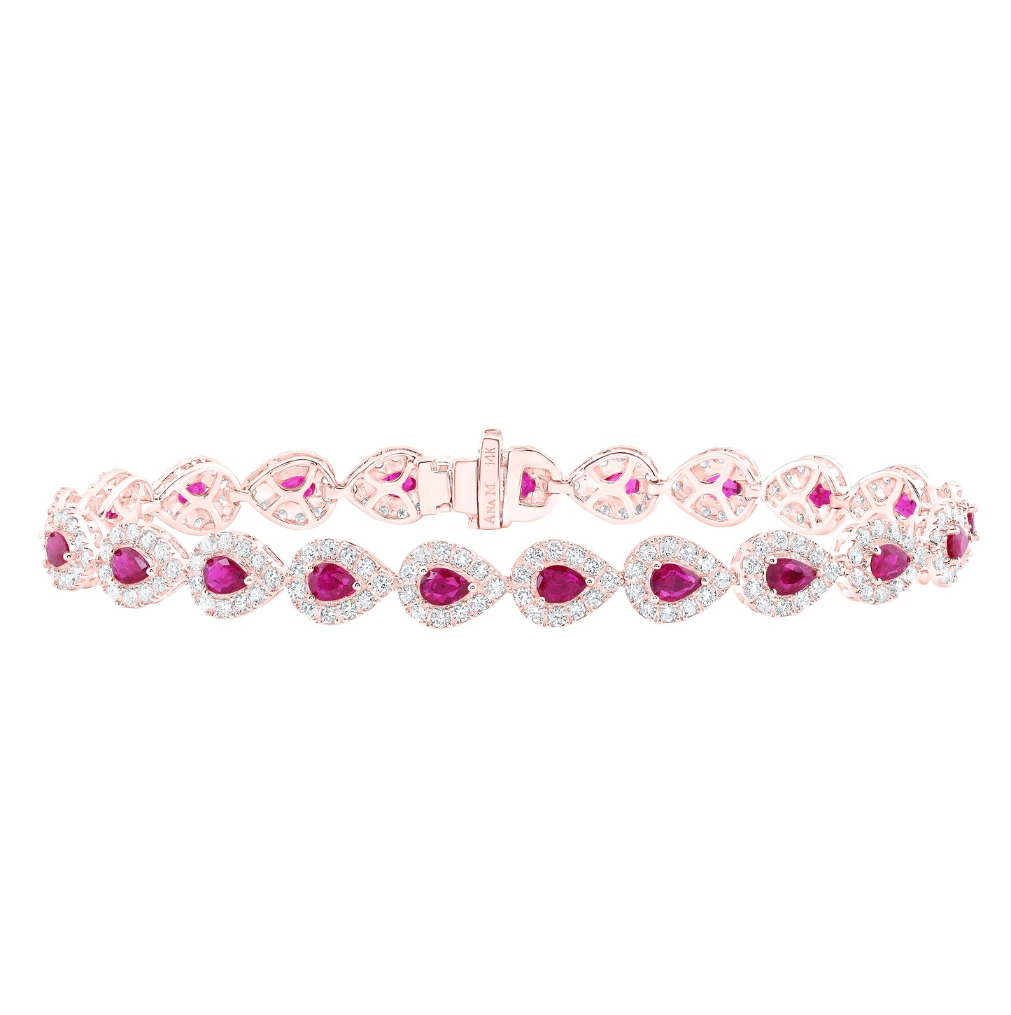 14K Rose Gold Womens Pear Ruby Diamond Tennis Bracelet 5-1/2 Cttw