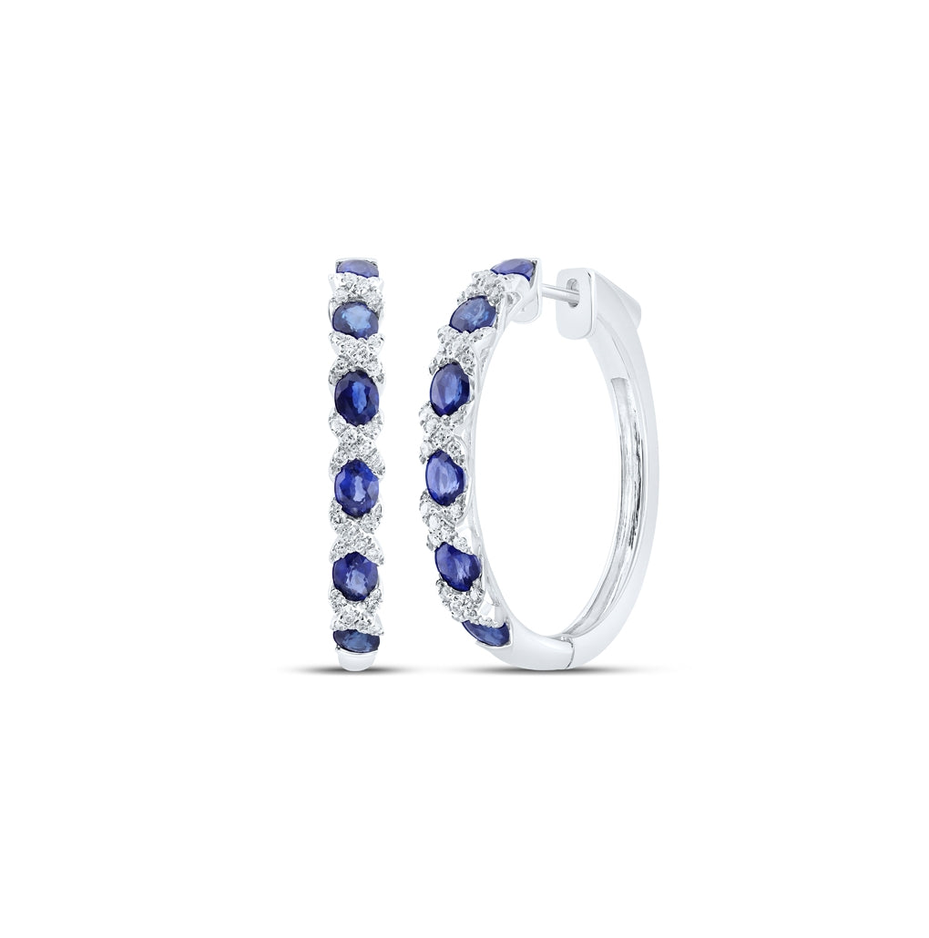 14K White Gold Womens Oval Blue Sapphire Diamond Hoop Earrings 3-1/3 Cttw