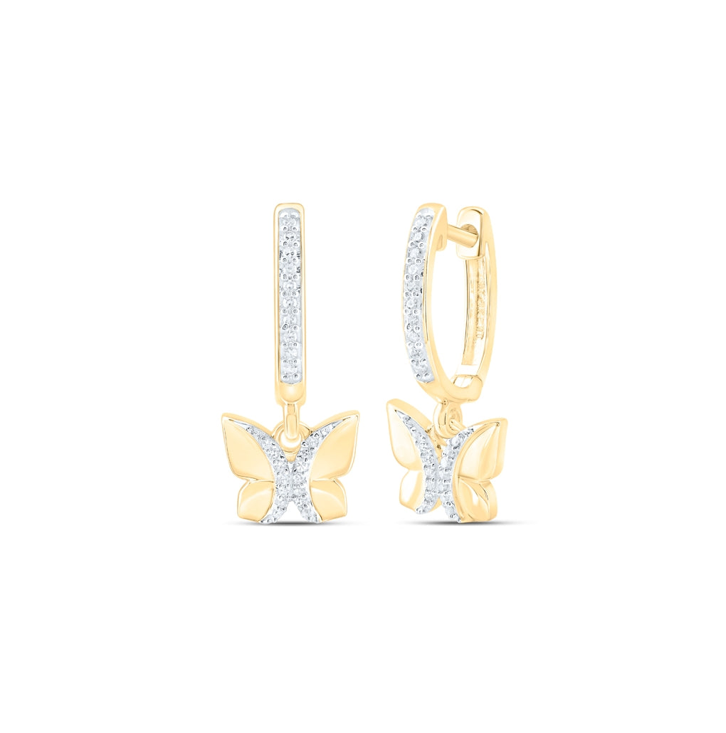10K Yellow Or White Or Rose Gold Womens Round Diamond Butterfly Hoop Dangle Earrings