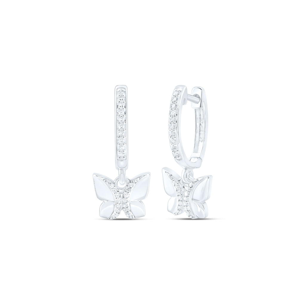 10K Yellow Or White Or Rose Gold Womens Round Diamond Butterfly Hoop Dangle Earrings