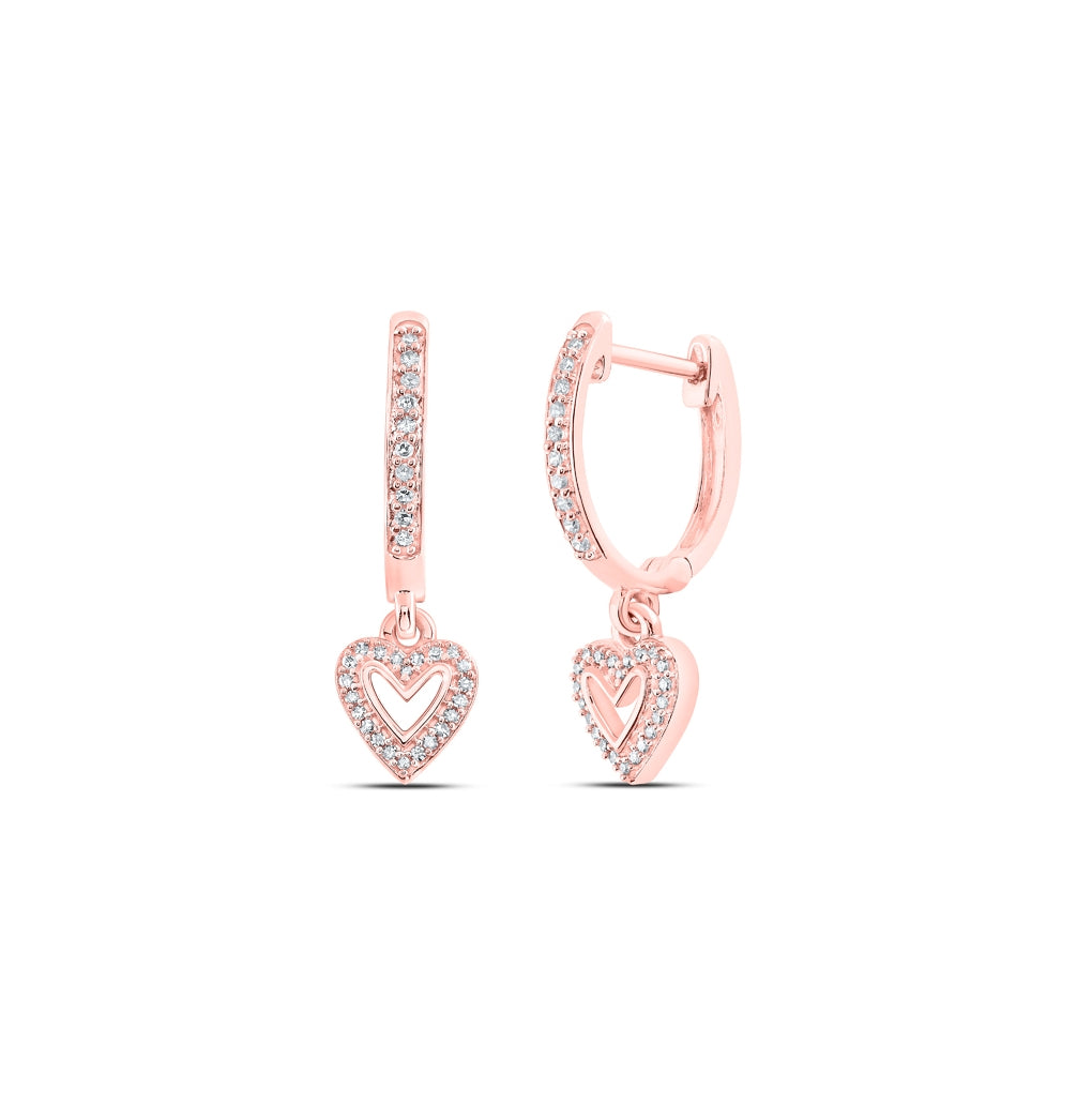 10K Yellow Or White Or Rose Gold Womens Round Diamond Heart Hoop Dangle Earrings