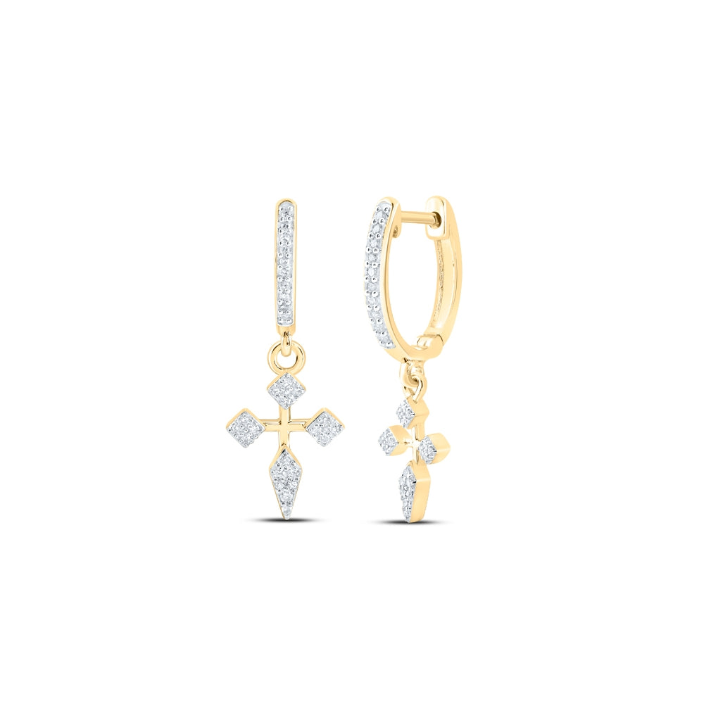 10K Yellow Or White Or Rose Gold Womens Round Diamond Cross Hoop Dangle Earrings