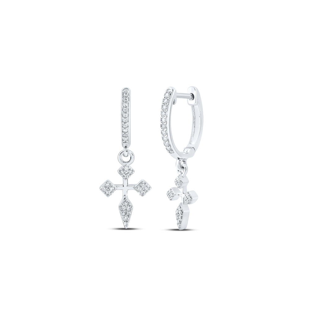10K Yellow Or White Or Rose Gold Womens Round Diamond Cross Hoop Dangle Earrings