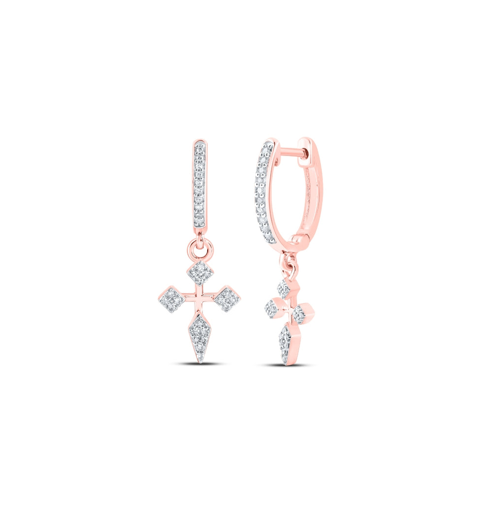 10K Yellow Or White Or Rose Gold Womens Round Diamond Cross Hoop Dangle Earrings