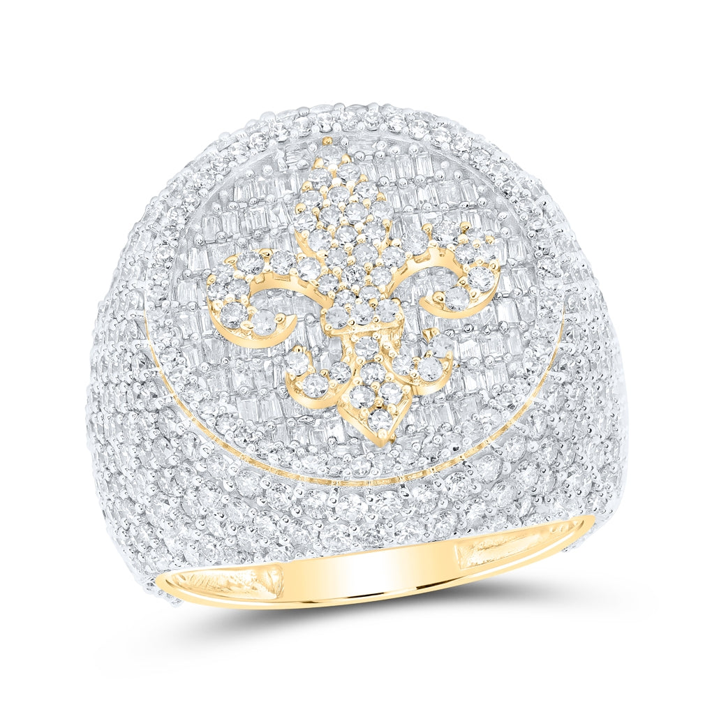 10K Yellow Gold Mens Baguette Diamond Fleur de Lis Circle Ring 5-3/4 Cttw, Mens Size: 7-13