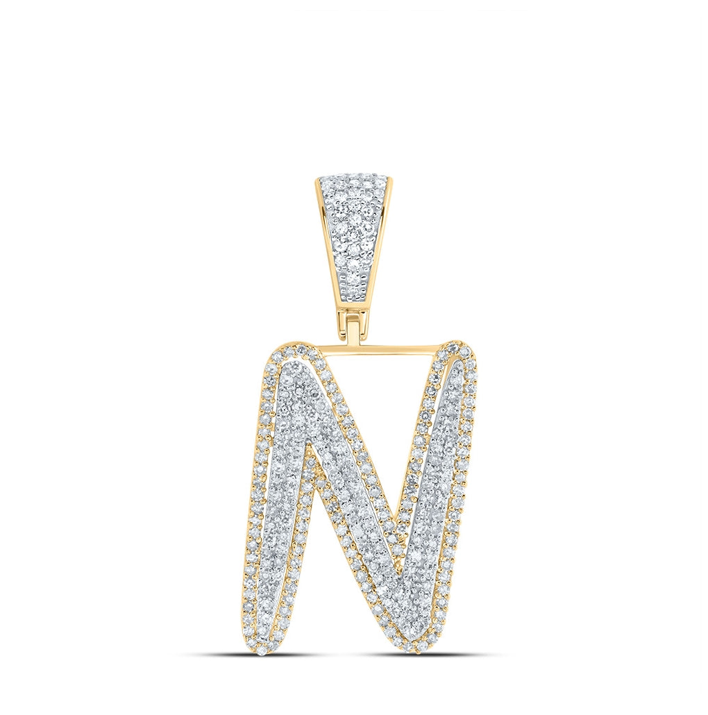 10K Two-tone Gold Mens Round Diamond Initial Letter Charm Pendant