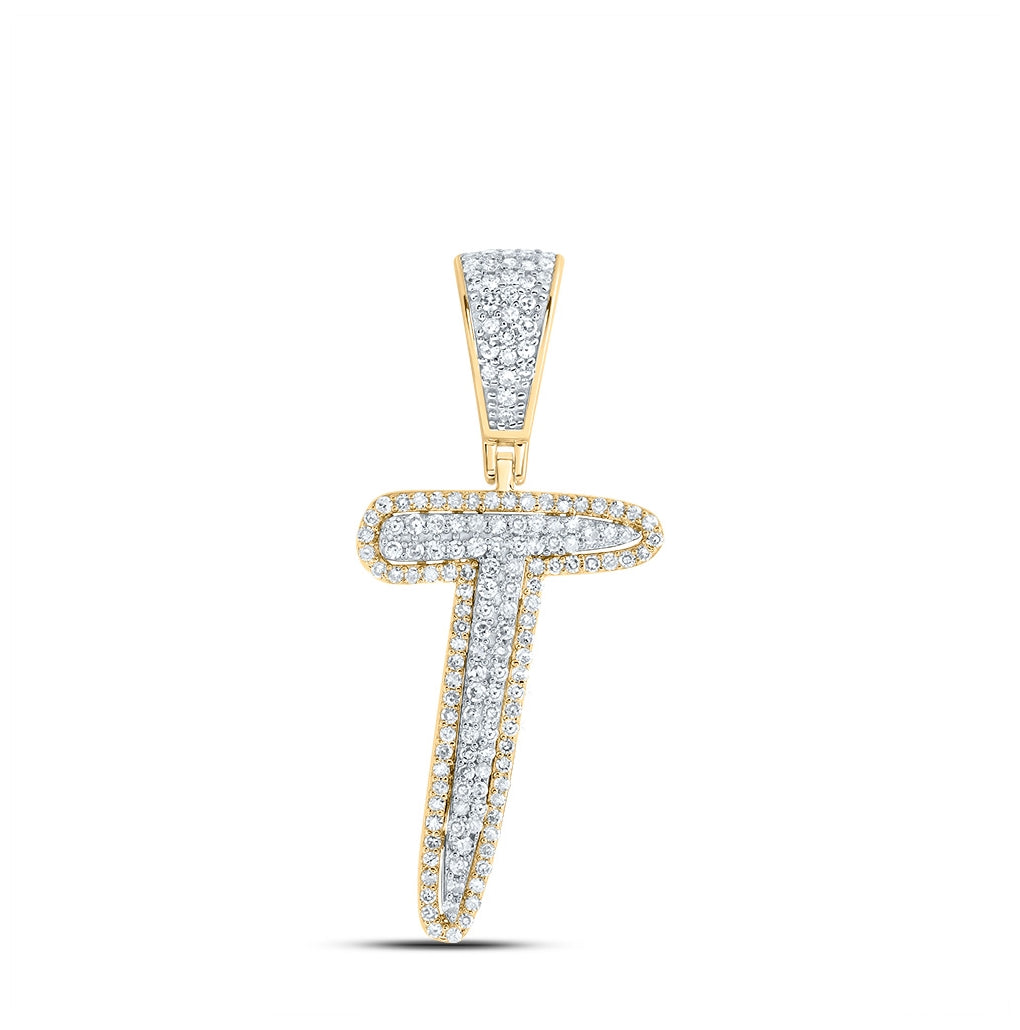 10K Two-tone Gold Mens Round Diamond Initial Letter Charm Pendant