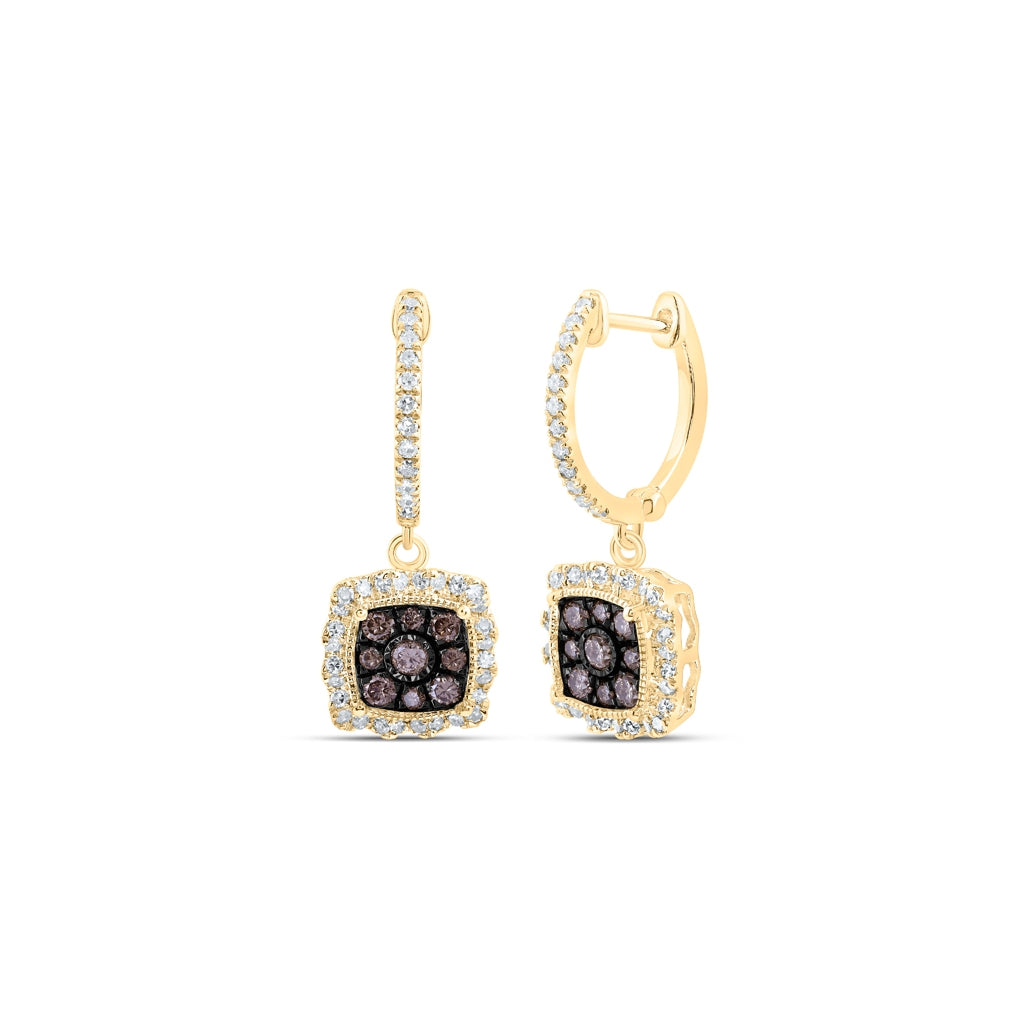 10K Yellow Or Rose Gold Womens Round Brown Diamond Hoop Dangle Earrings