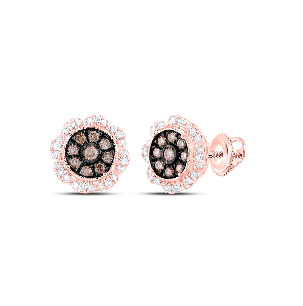 10K Rose Gold Womens Round Brown Diamond Cluster Earrings 5/8 Cttw
