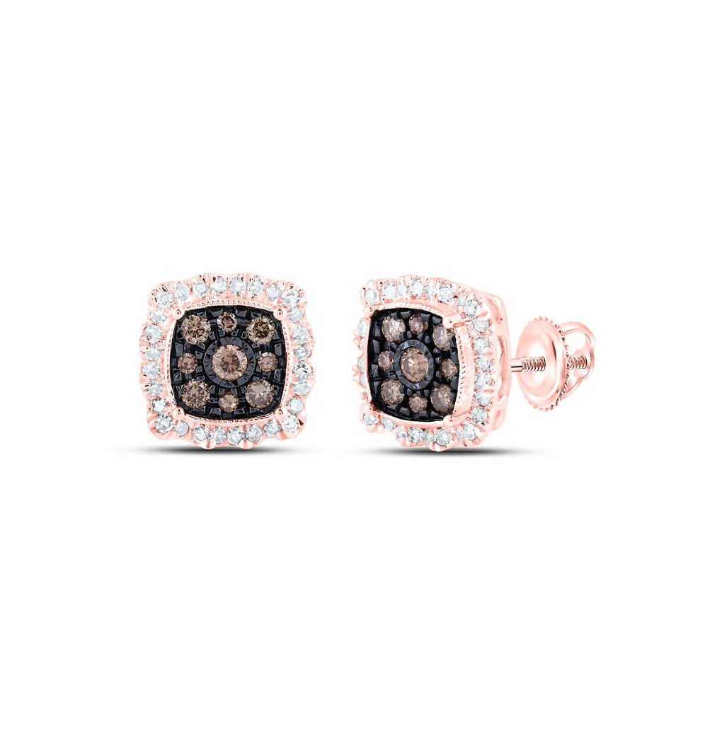 10K Yellow Or Rose Gold Womens Round Brown Diamond Square Earrings