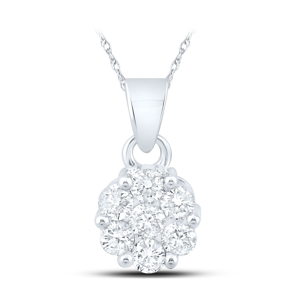 14K White Gold Womens Round Diamond Flower Cluster Pendant 1 Cttw