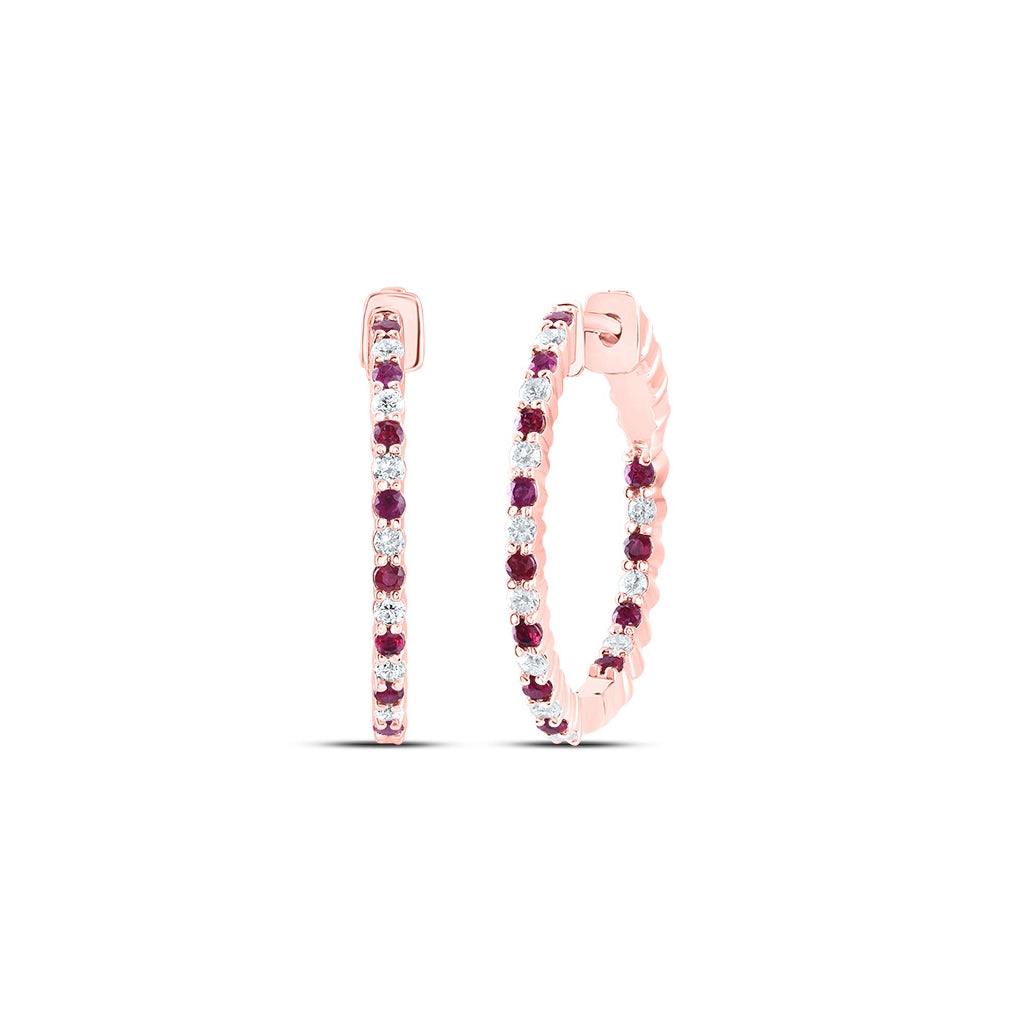14kt Yellow Or White Or Rose Gold 1/2ctw Diamond Cn 1/2ct Ruby Natural Gem Hoop Earring