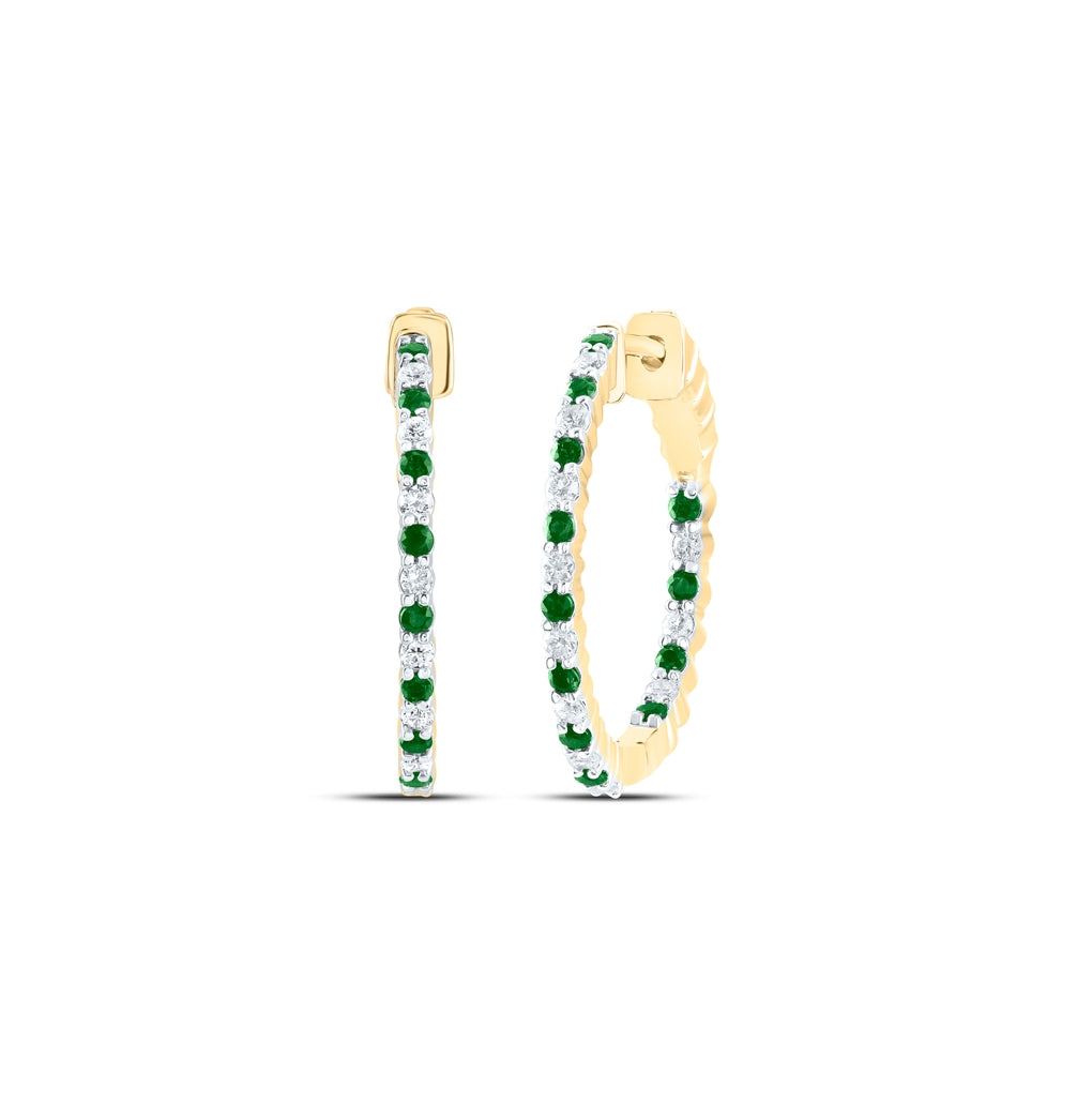 14kt Yellow Or White Gold 1/2ctw Diamond Cn 1/2ct Emerald Natural Gem Hoop Earring
