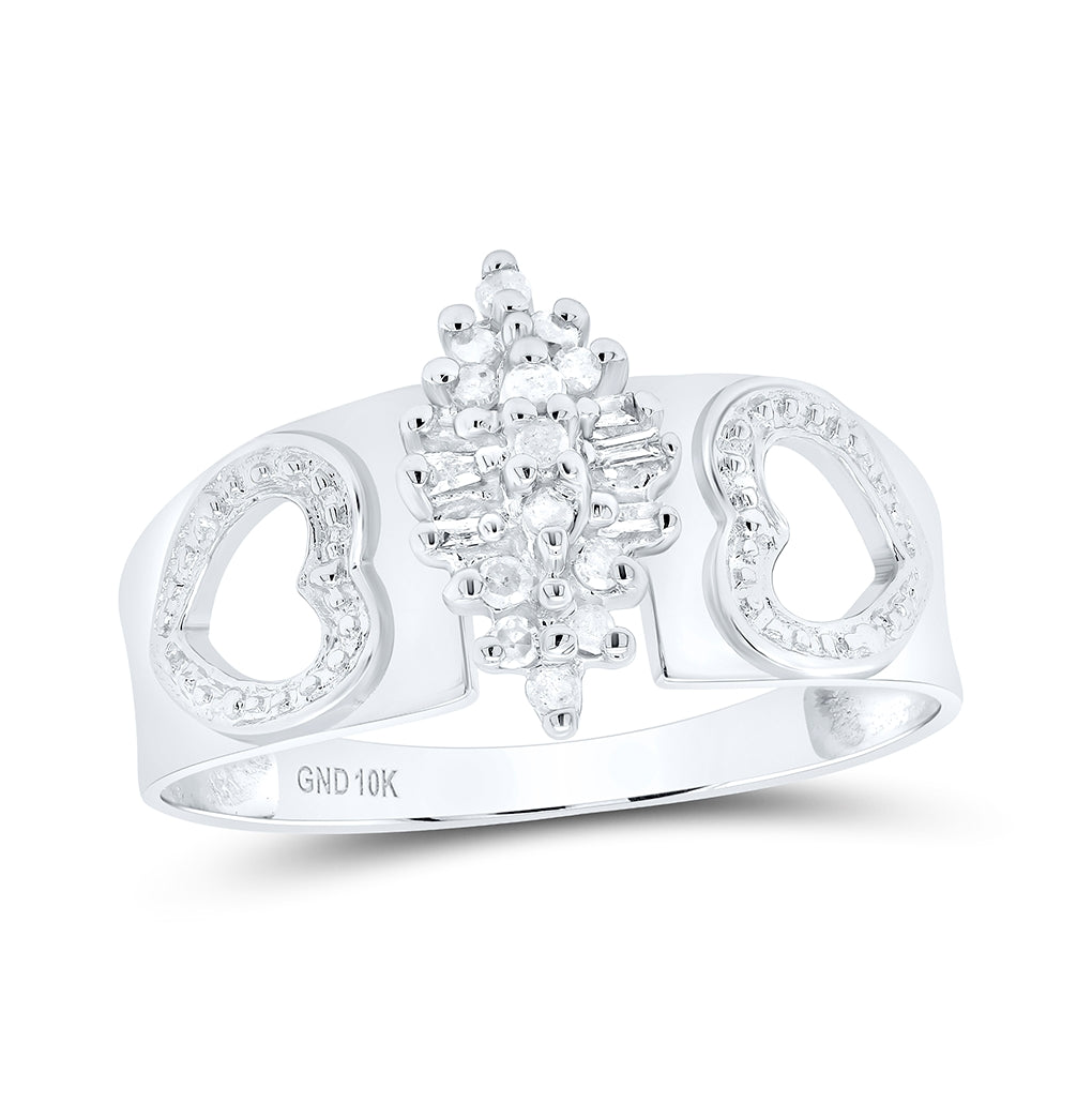 10K White Gold Womens Round Diamond Double Heart Cluster Ring 1/8 Cttw, Womens Size: 5-10