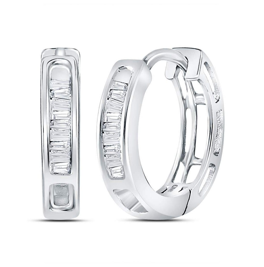 14K White Or Yellow Gold Womens Baguette Diamond Huggie Hoop Earrings